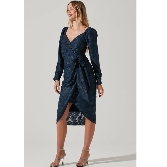 NEW ASTR Label NAVY Terese METALLIC Floral LONG SLEEVE Cocktail MIDI DRESS XS - Picture 12 of 16